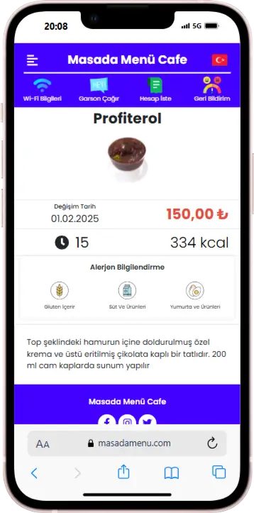 Qr menü alerjen, ürün detay açıklaması, fiyat, kalori ve hazırlanış süresi bilgisi ekranı