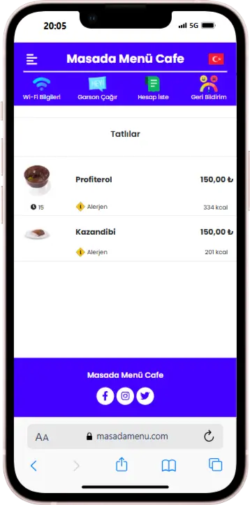 Masada QR Menü ürün kategorileri