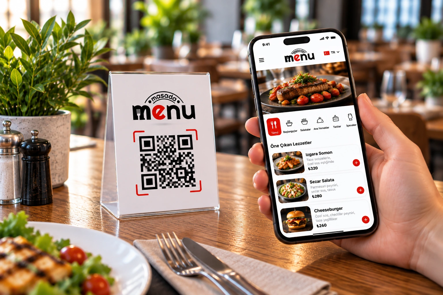 Restoran masasında QR menü kullanımı